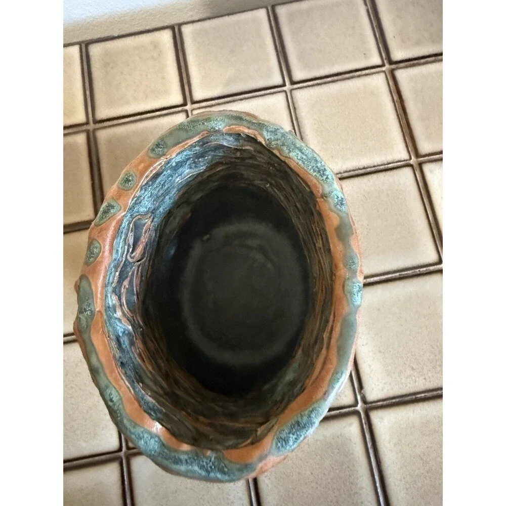 Signed JM Studio Art Pottery Vase Texture Bark Turquoise Brown Sculptural Vessel